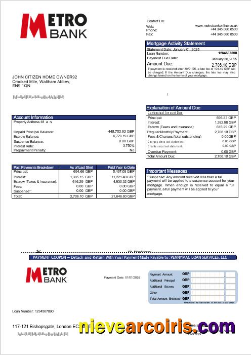United Kingdom Metro bank  mortgage statement